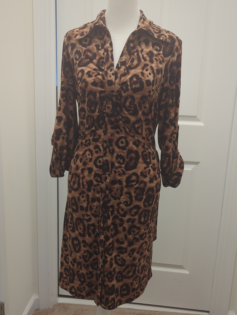 INC International Concepts Brown Leopard Print Long Sleeve Shirt Dress
